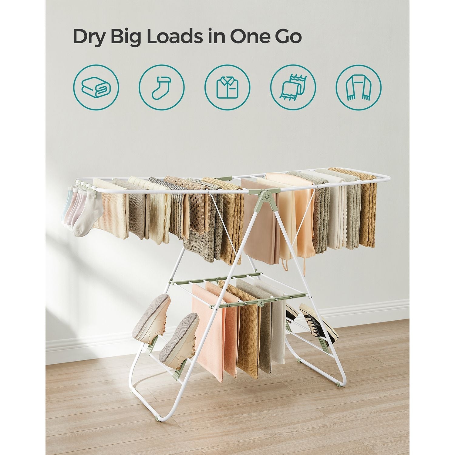 Folding Clothes Drying Rack - 16 Metre Drying Space - Stainless Steel - White and Green