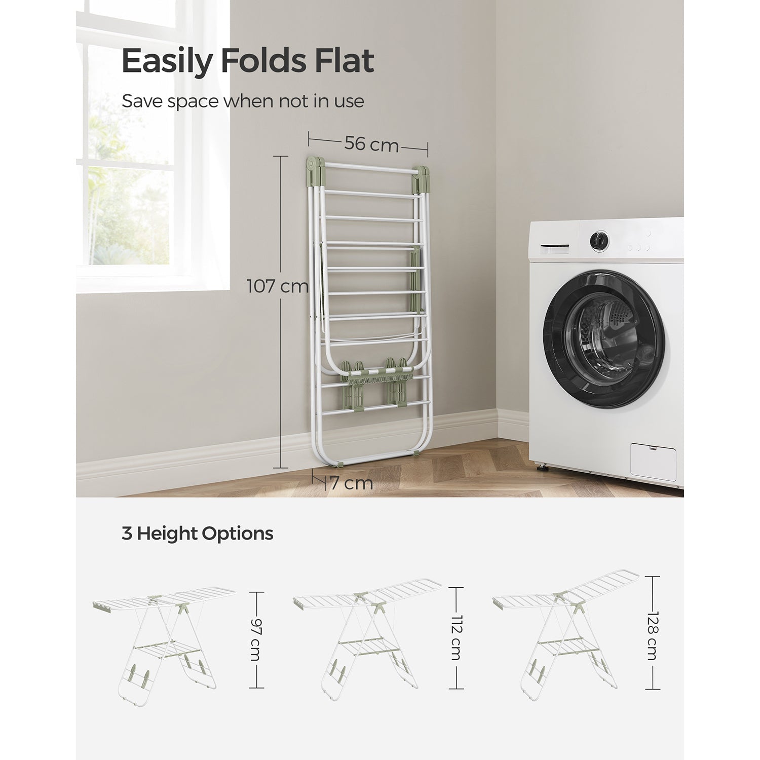 Folding Clothes Drying Rack - 16 Metre Drying Space - Stainless Steel - White and Green