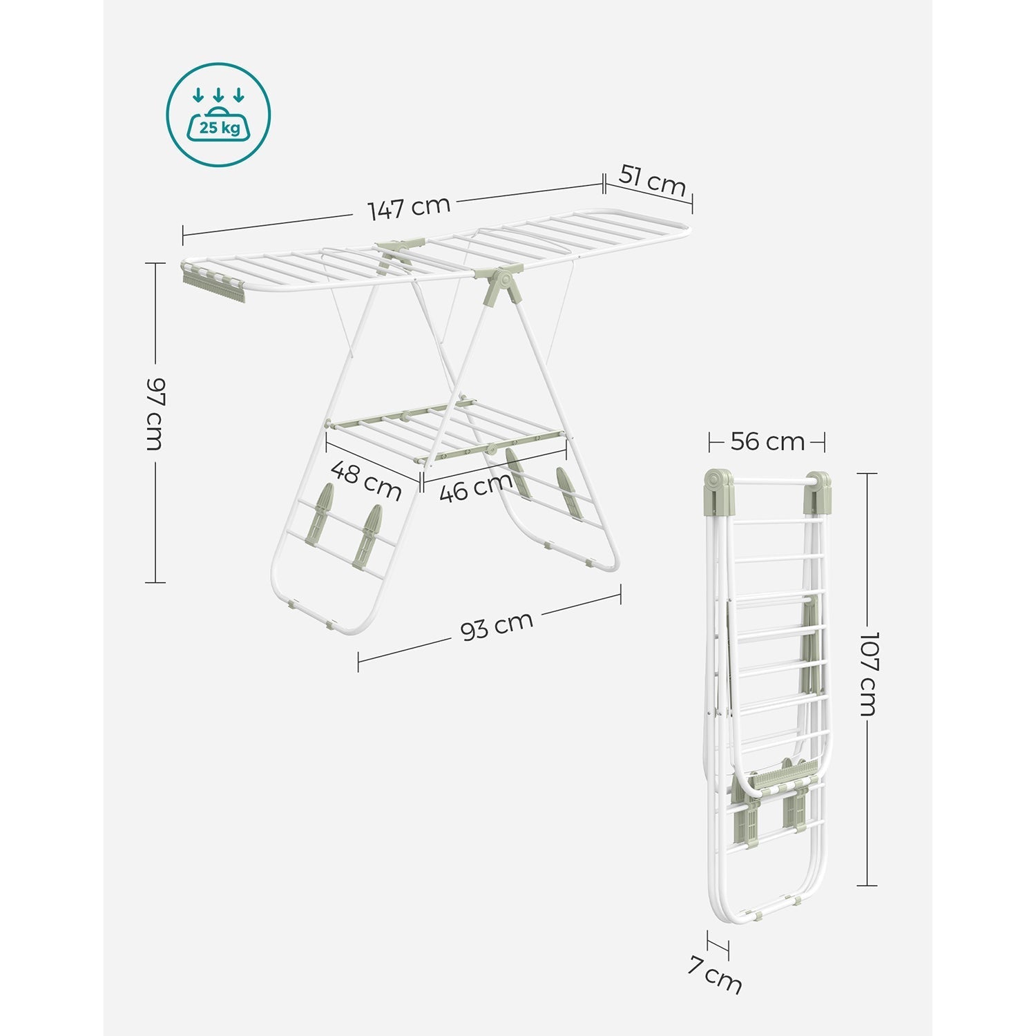 Folding Clothes Drying Rack - 16 Metre Drying Space - Stainless Steel - White and Green