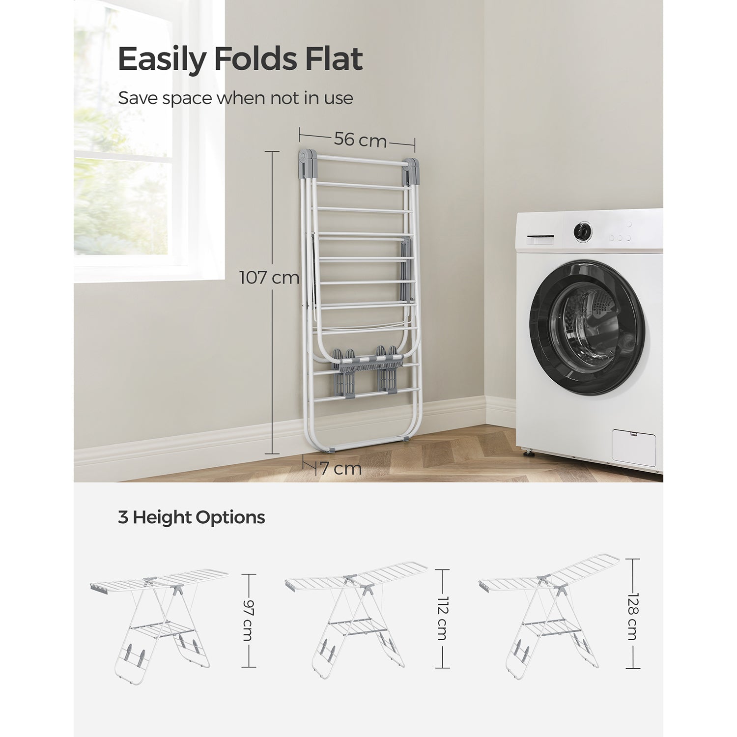 Foldable Clothes Airer - 16 Metre Drying Space - Stainless Steel - White and Grey