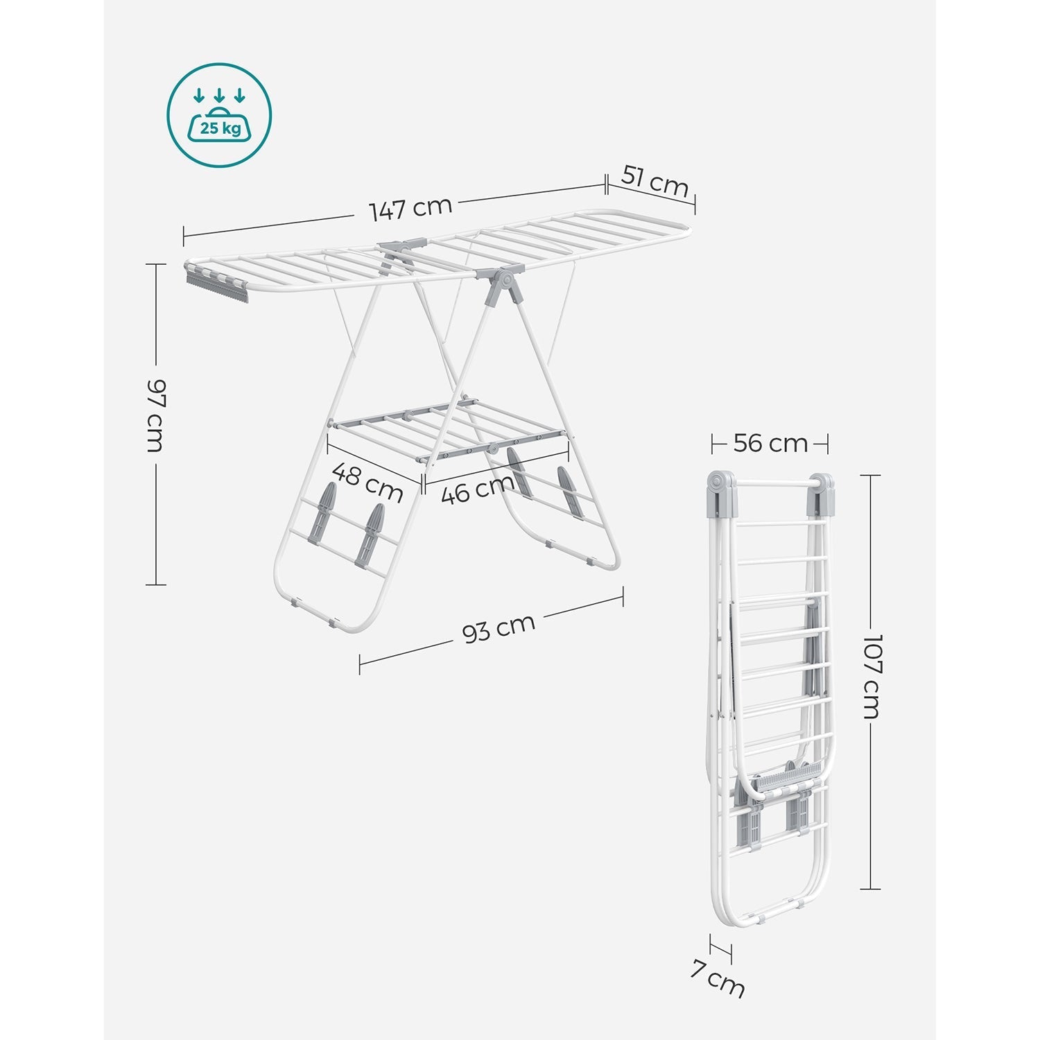 Foldable Clothes Airer - 16 Metre Drying Space - Stainless Steel - White and Grey