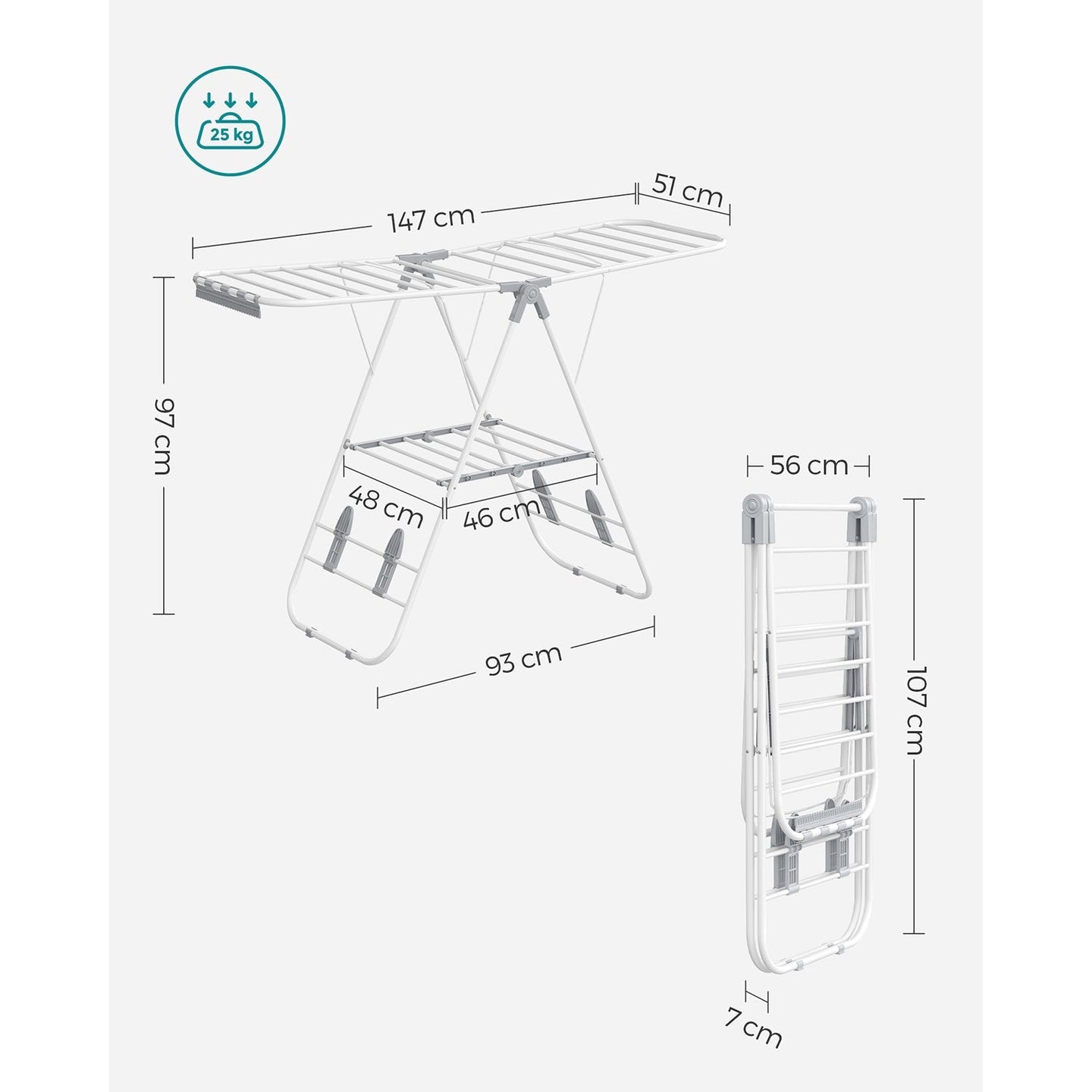 Foldable Clothes Airer - 16 Metre Drying Space - Stainless Steel - White and Grey