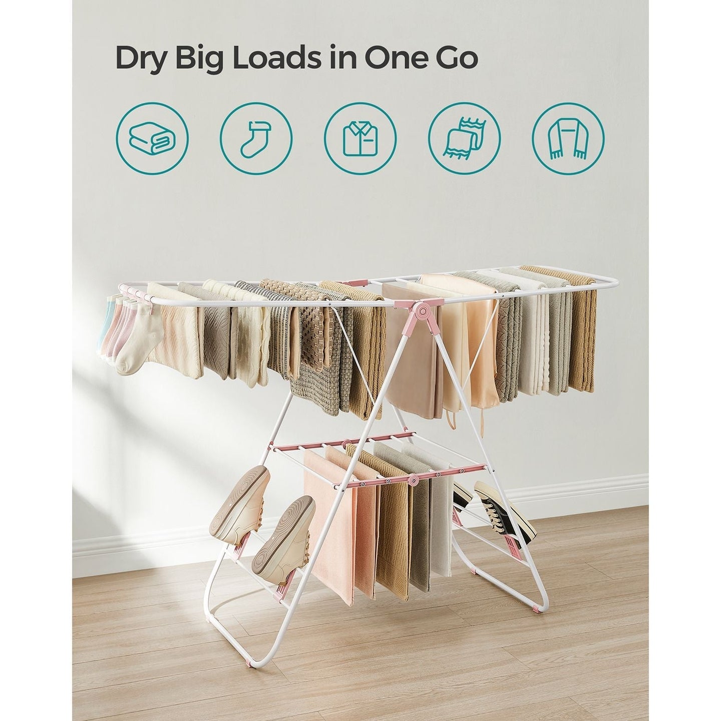 Foldable Clothes Drying Rack - 16 Metre Drying Space - Stainless Steel - White and Pink