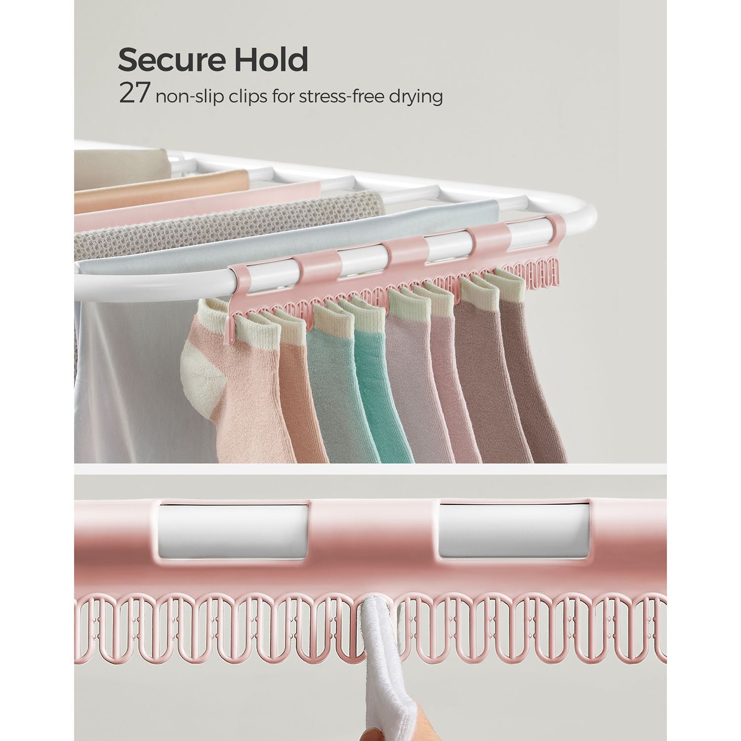 Foldable Clothes Drying Rack - 16 Metre Drying Space - Stainless Steel - White and Pink