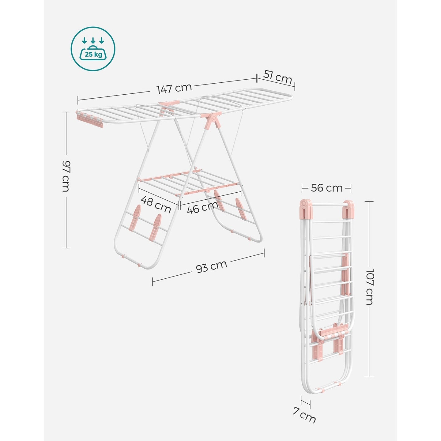 Foldable Clothes Drying Rack - 16 Metre Drying Space - Stainless Steel - White and Pink