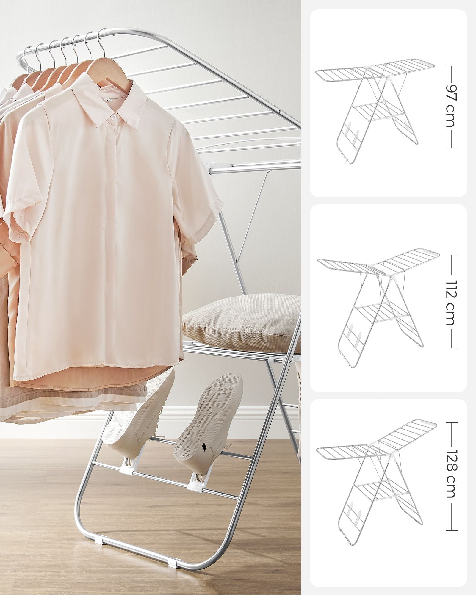 Foldable Clothes Drying Rack - Stainless Steel - Silver - Height-Adjustable Wings with 16 Metre Drying Space