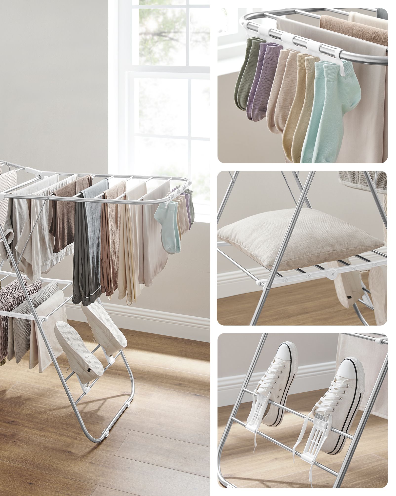 Foldable Clothes Drying Rack - Stainless Steel - Silver - Height-Adjustable Wings with 16 Metre Drying Space