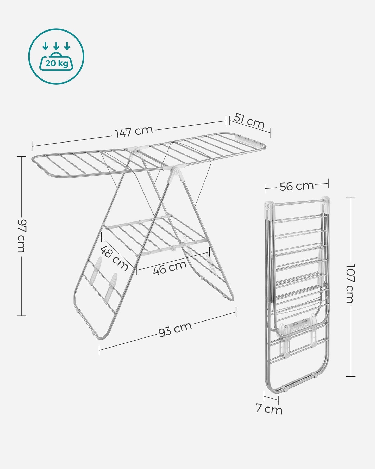Foldable Clothes Drying Rack - Stainless Steel - Silver - Height-Adjustable Wings with 16 Metre Drying Space