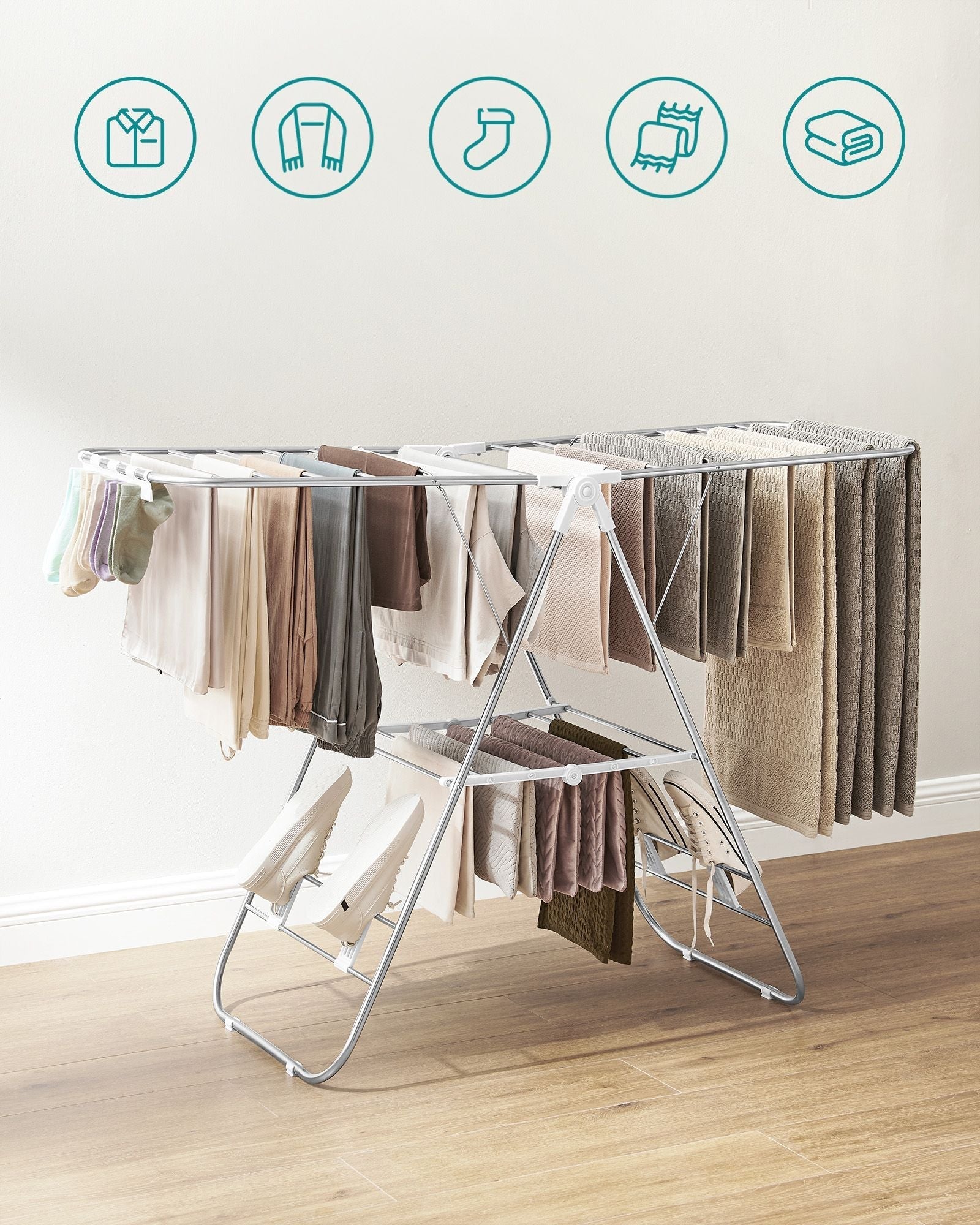 Foldable Clothes Drying Rack - Stainless Steel - Silver - Height-Adjustable Wings with 16 Metre Drying Space
