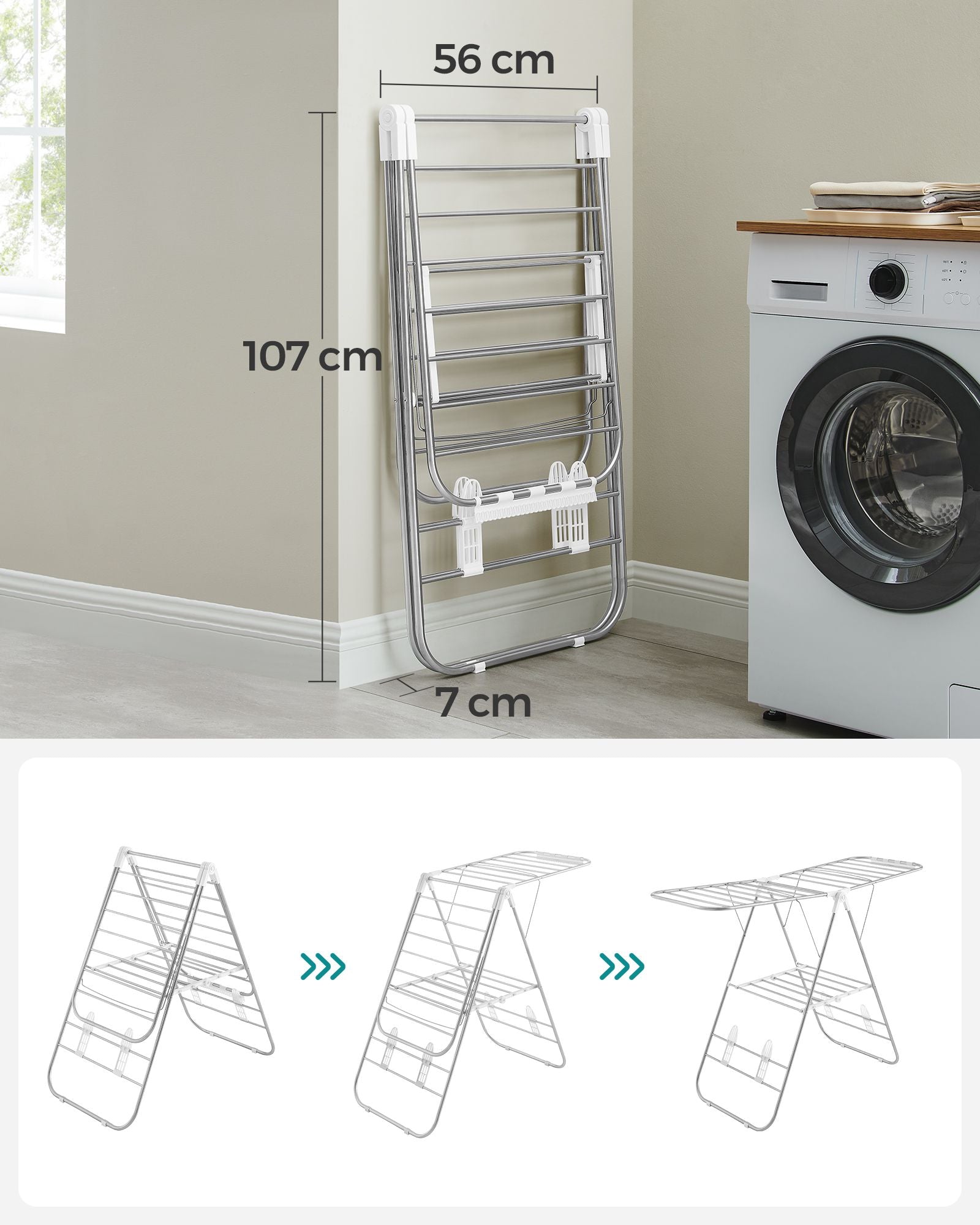 Foldable Clothes Drying Rack - Stainless Steel - Silver - Height-Adjustable Wings with 16 Metre Drying Space