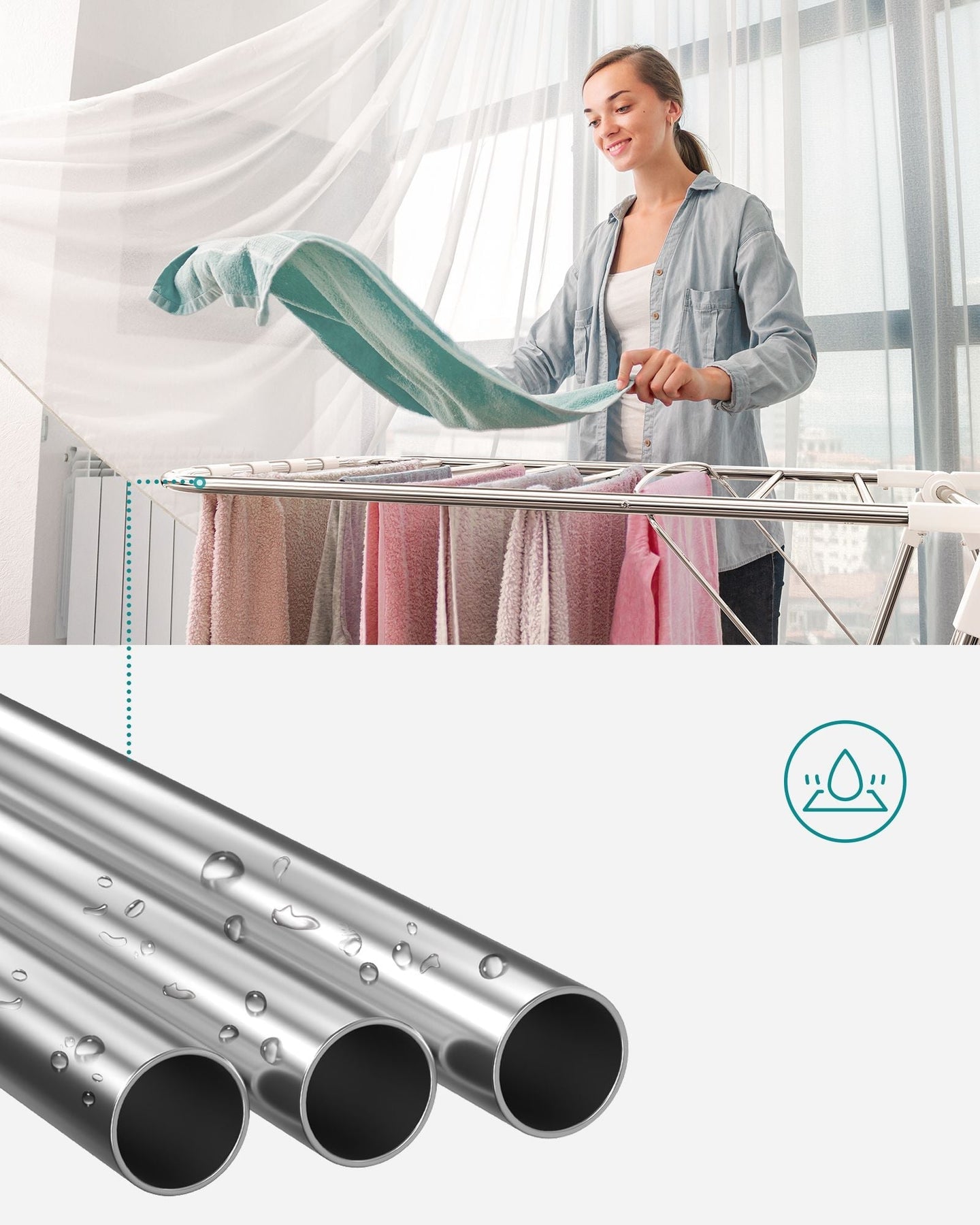Foldable Clothes Drying Rack - Stainless Steel - Silver - Height-Adjustable Wings with 16 Metre Drying Space