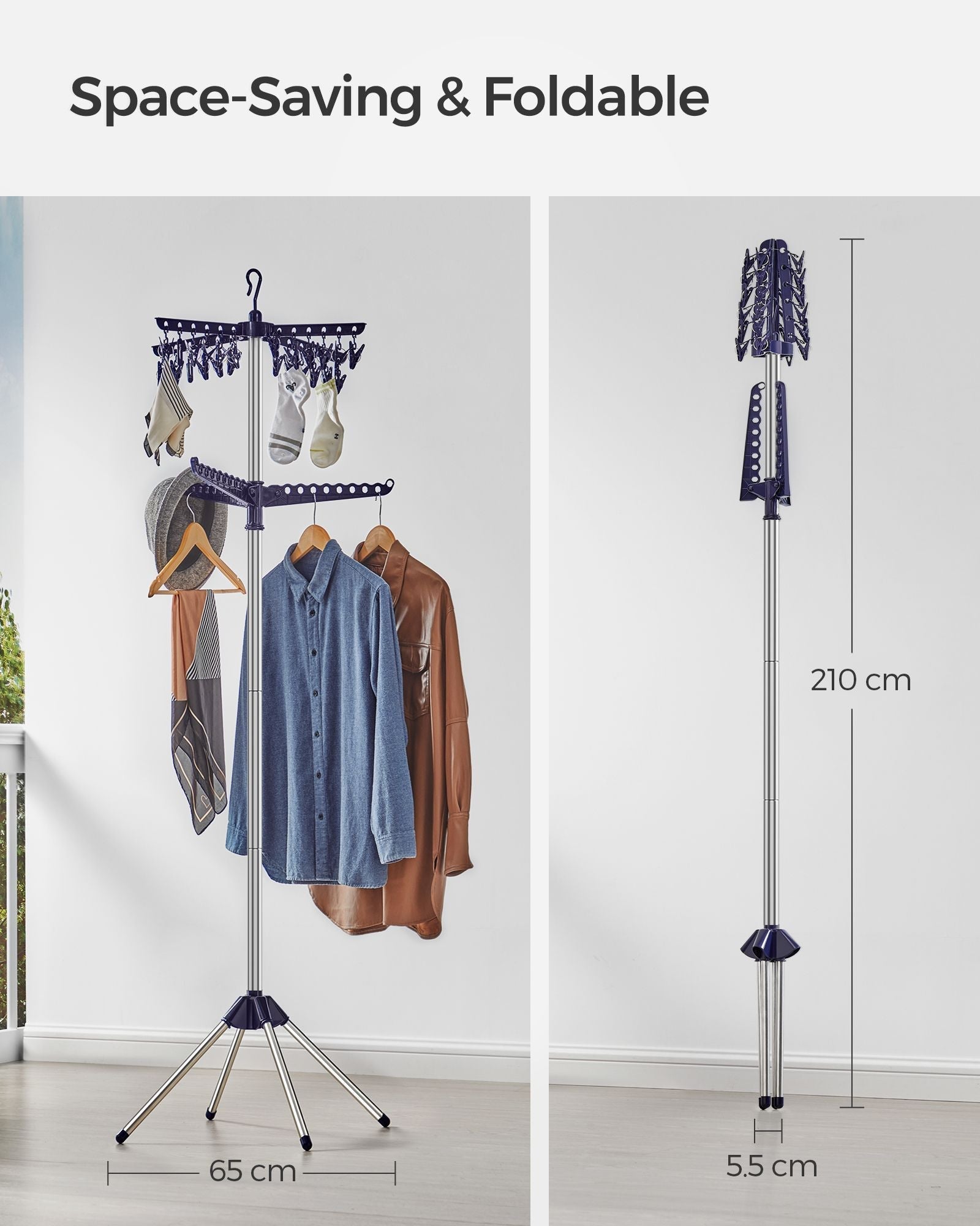 Folding Clothes Drying Rack - Stainless Steel - Blue and Silver - 3 Rotatable Arms
