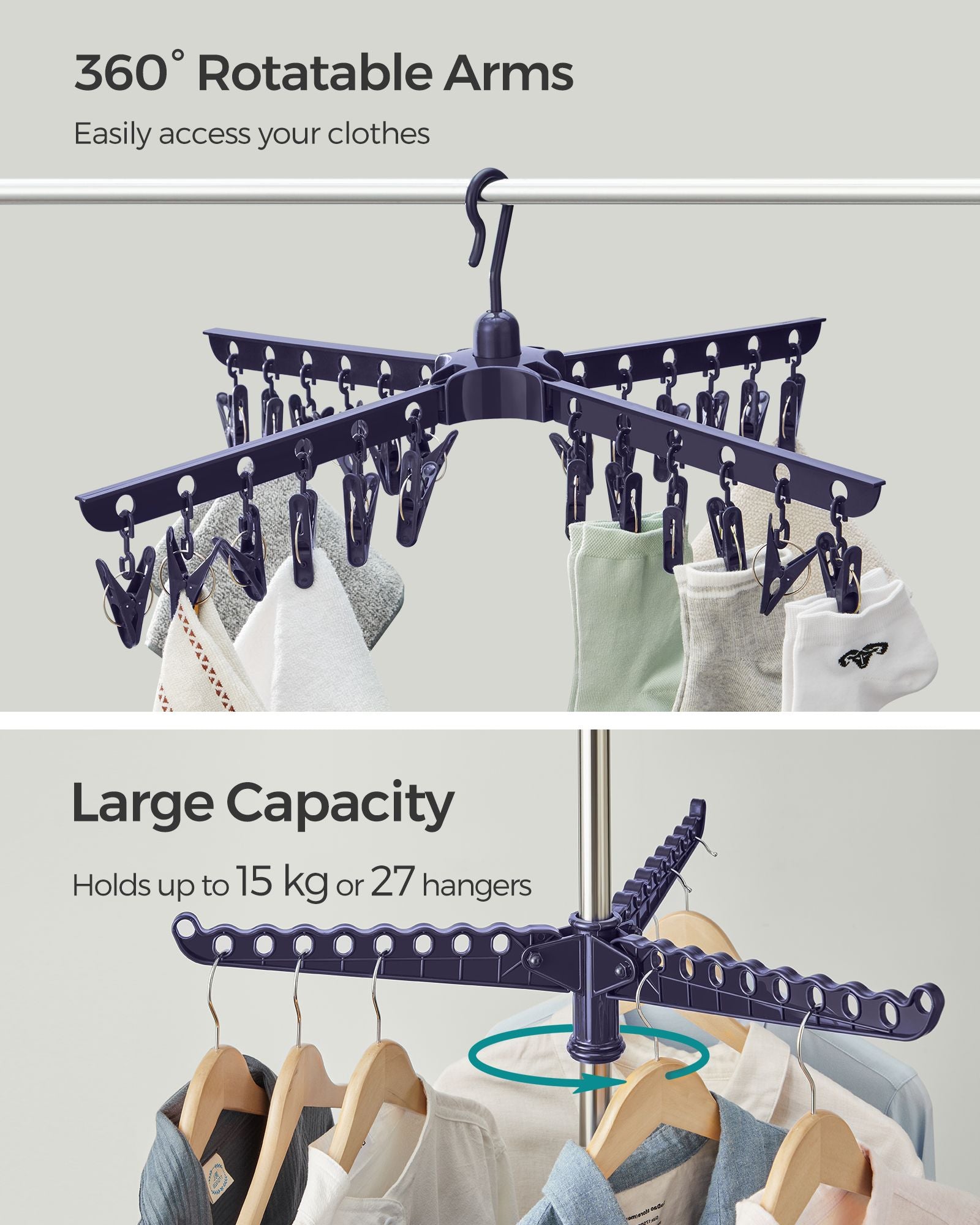 Folding Clothes Drying Rack - Stainless Steel - Blue and Silver - 3 Rotatable Arms