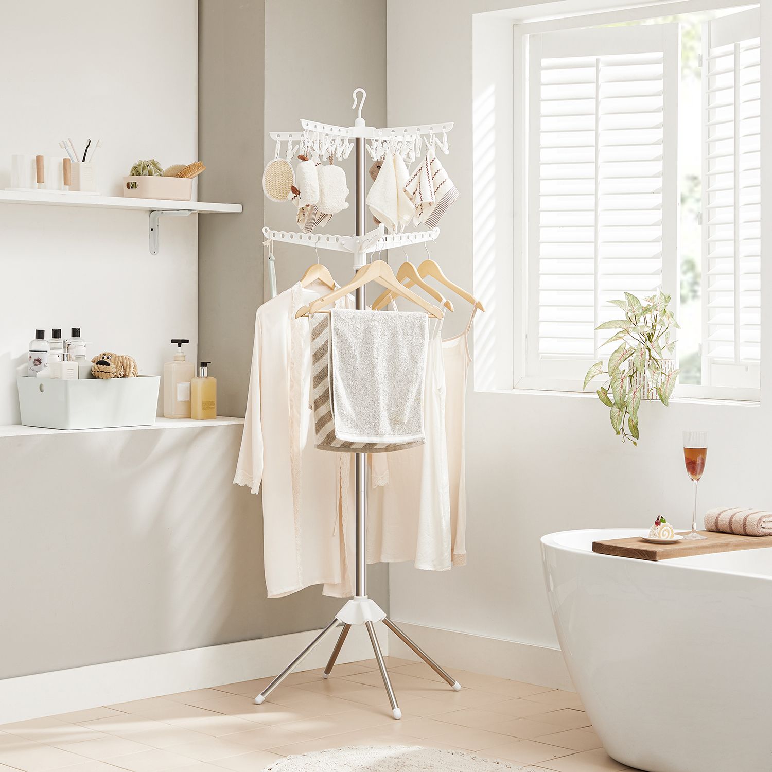 Clothes Drying Rack - Stainless Steel - White and Silver - 3 Rotatable Arms