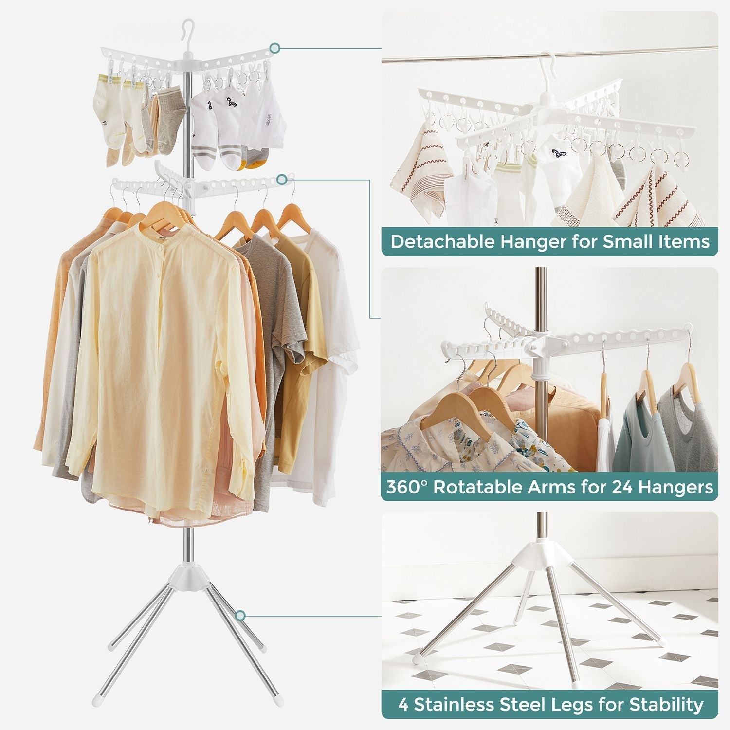 Clothes Drying Rack - Stainless Steel - White and Silver - 3 Rotatable Arms