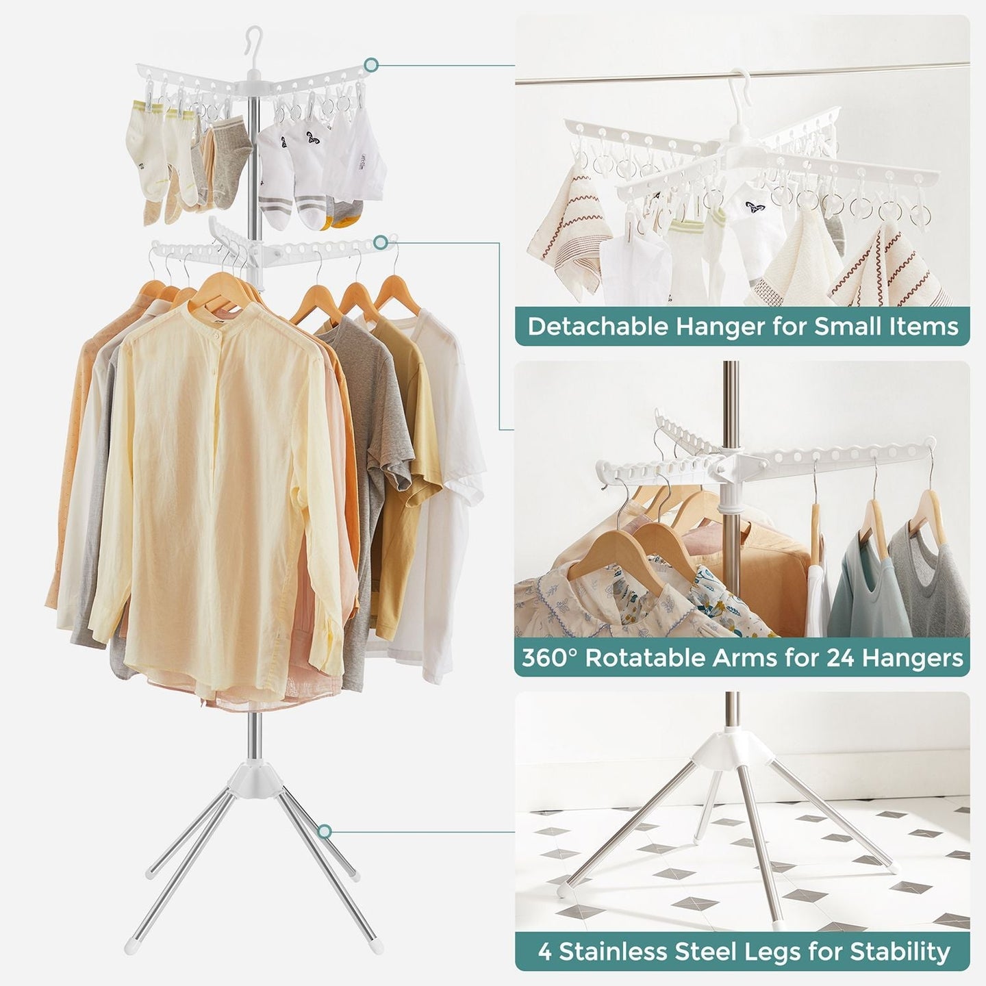 Clothes Drying Rack - Stainless Steel - White and Silver - 3 Rotatable Arms