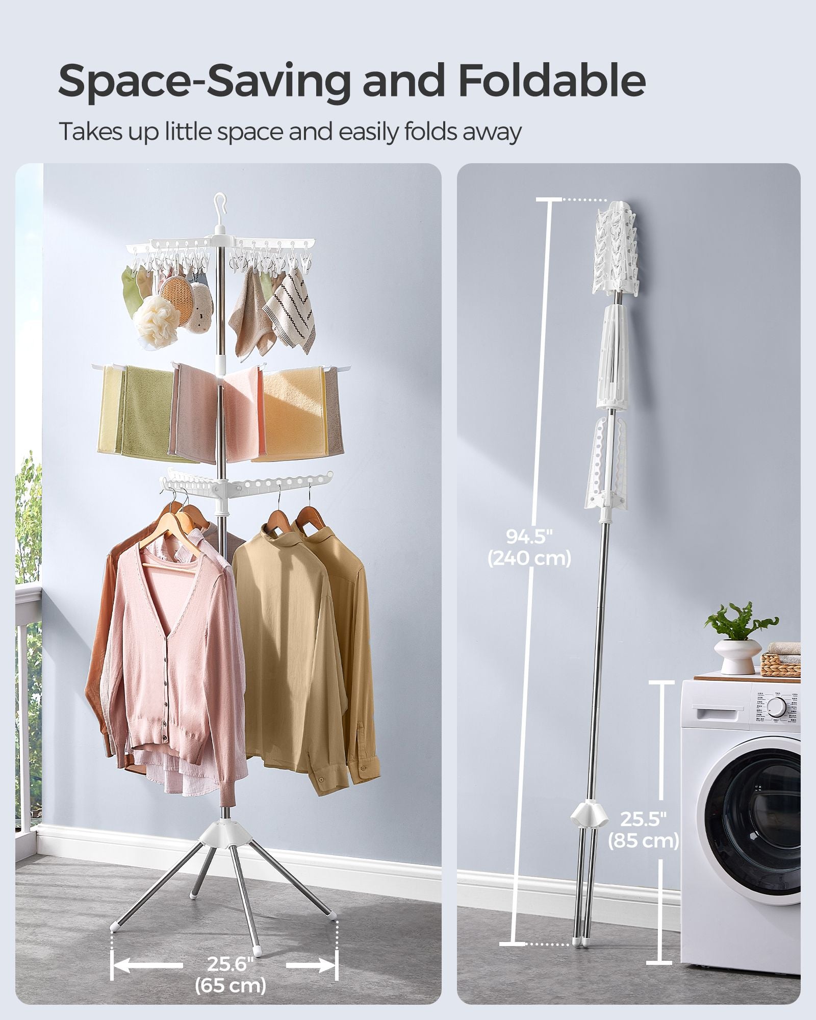 Folding Laundry Rack - 11 Rotatable Arms - Stainless Steel - White and Silver