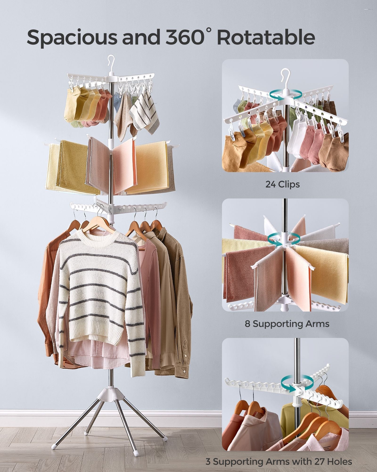 Folding Laundry Rack - 11 Rotatable Arms - Stainless Steel - White and Silver