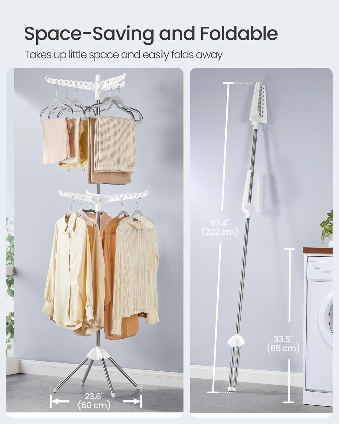 Clothes Airer - Stainless Steel - White and Silver - 6 Rotatable Arms