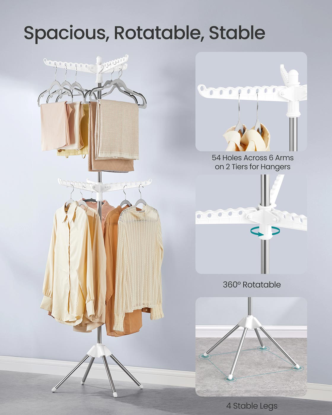 Clothes Airer - Stainless Steel - White and Silver - 6 Rotatable Arms