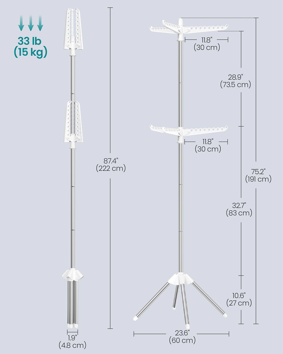 Clothes Airer - Stainless Steel - White and Silver - 6 Rotatable Arms