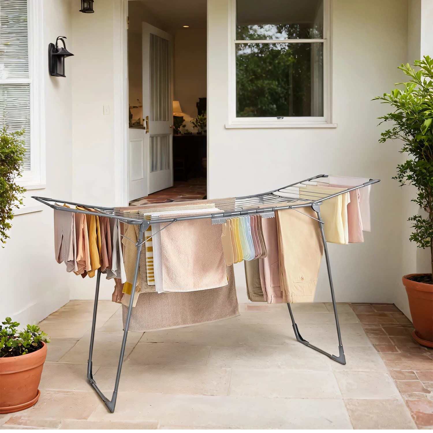Clothes Drying Rack - Metal - Gray - Foldable with Gullwings and Sock Clips