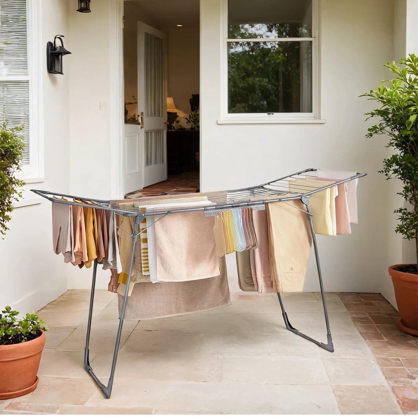 Clothes Drying Rack - Metal - Gray - Foldable with Gullwings and Sock Clips