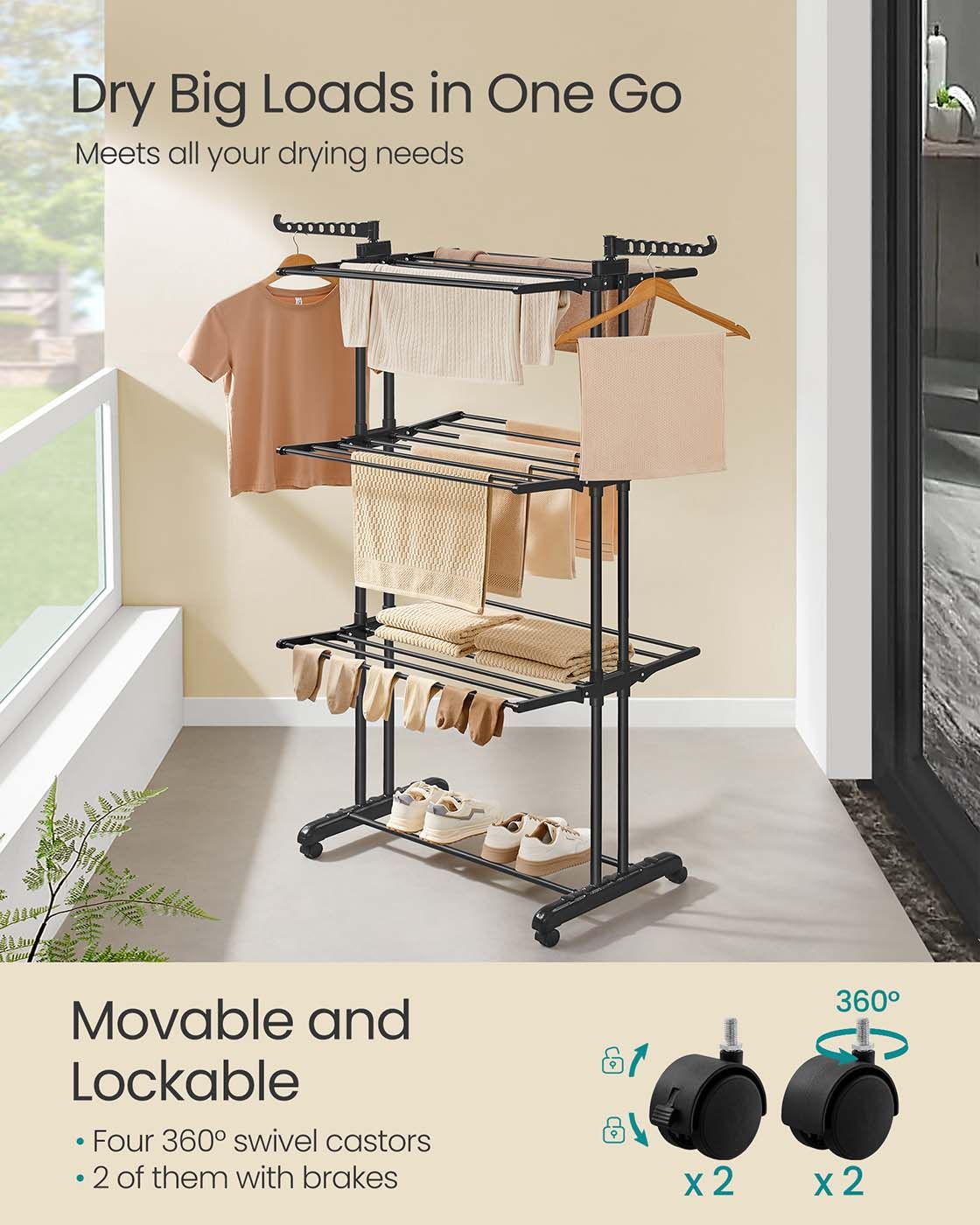 Large Clothes Airer - Stainless Steel - Ink Black - 4-Tier