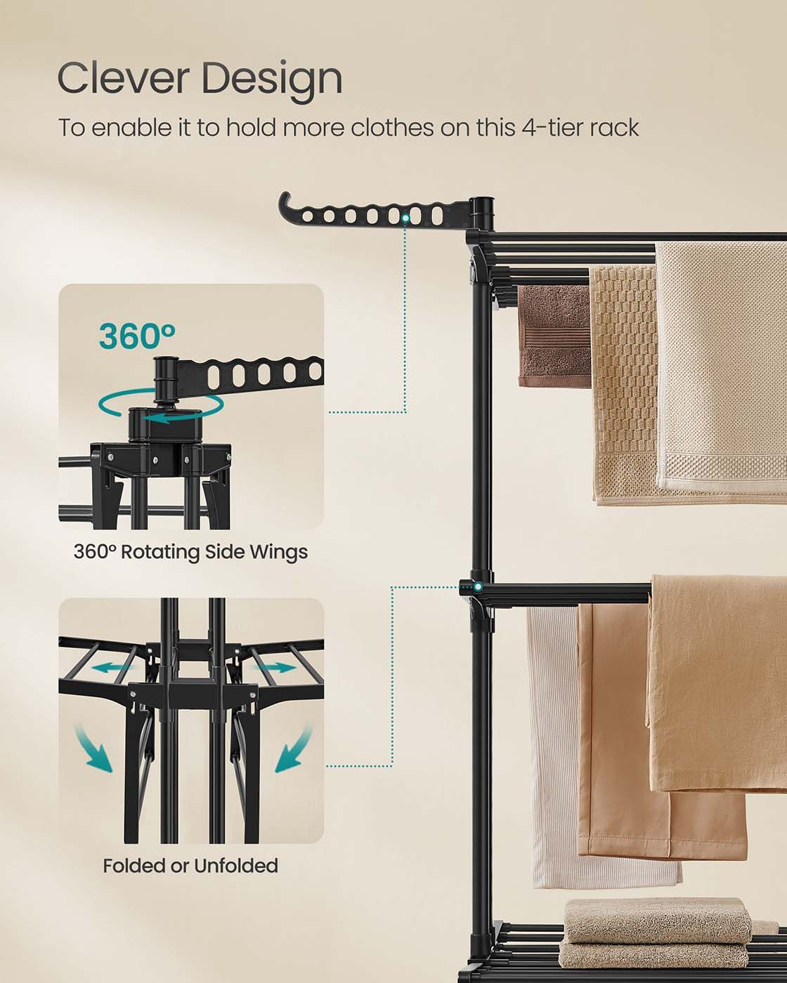 Large Clothes Airer - Stainless Steel - Ink Black - 4-Tier