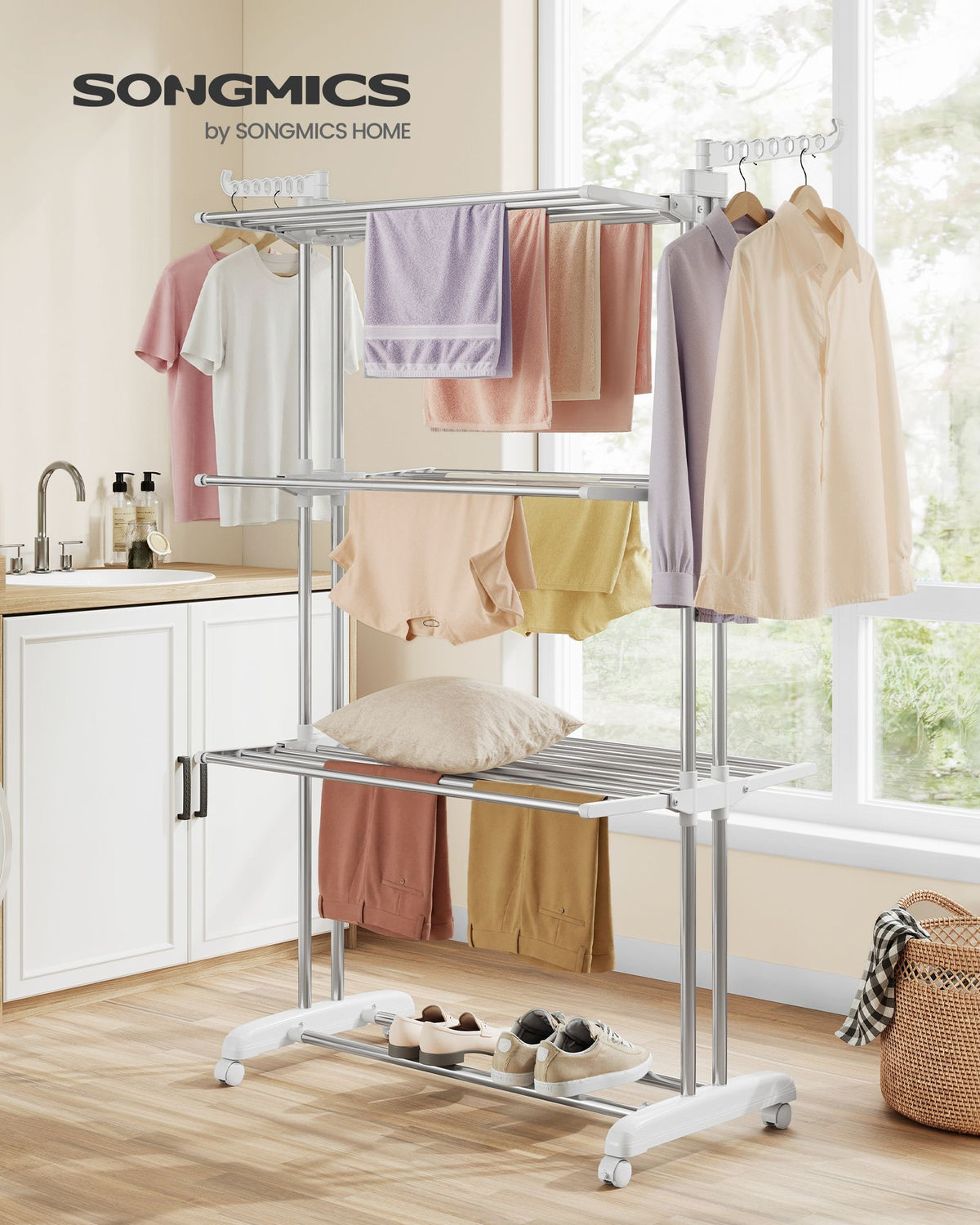 Clothes Airer - Foldable with Wheels - Silver Grey, Cloud White - 126.6 x 64.2 x 169.2 cm