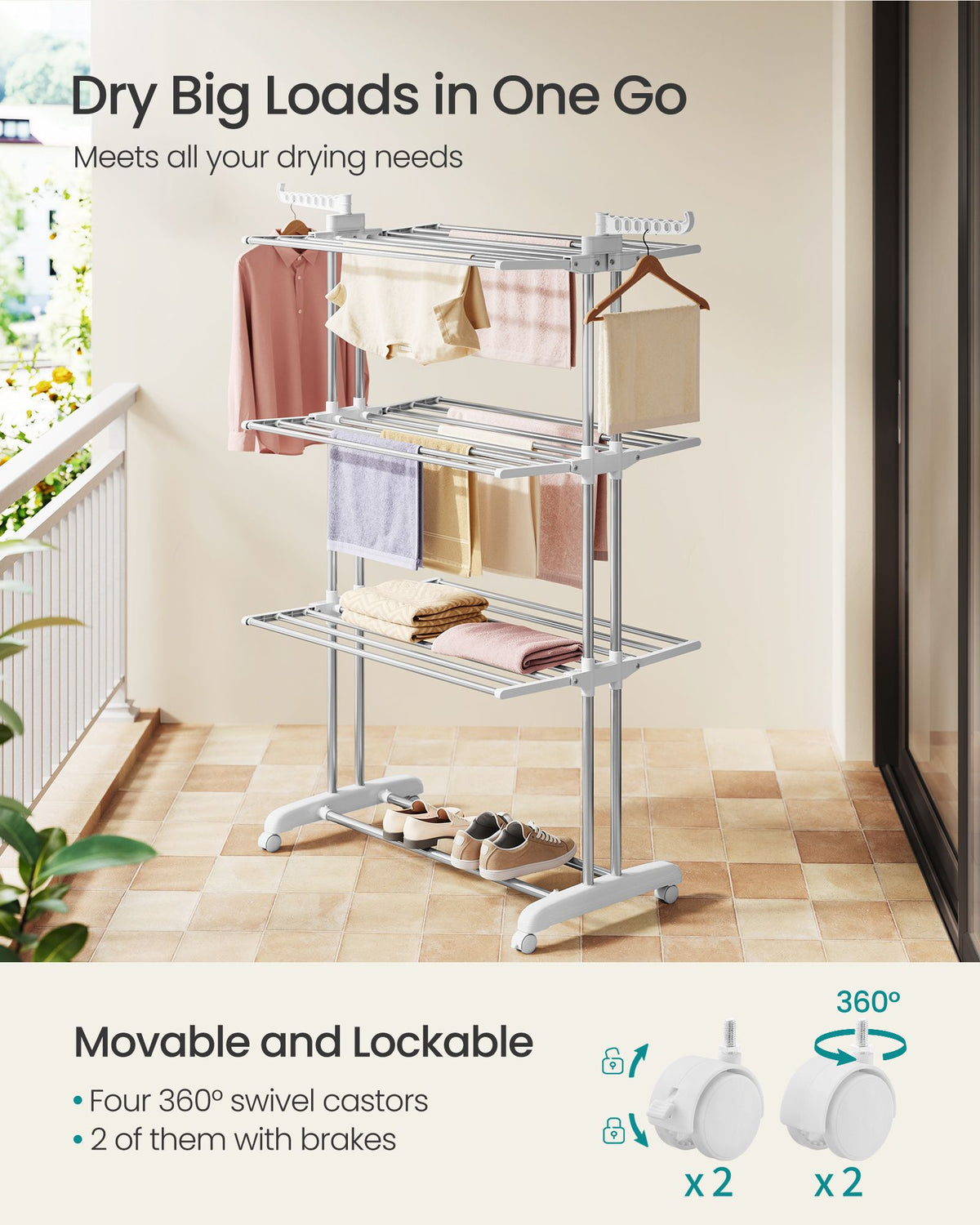 Clothes Airer - Foldable with Wheels - Silver Grey, Cloud White - 126.6 x 64.2 x 169.2 cm