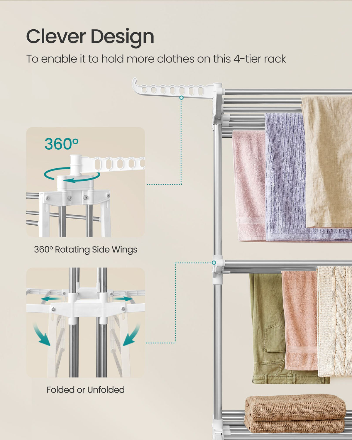 Clothes Airer - Foldable with Wheels - Silver Grey, Cloud White - 126.6 x 64.2 x 169.2 cm