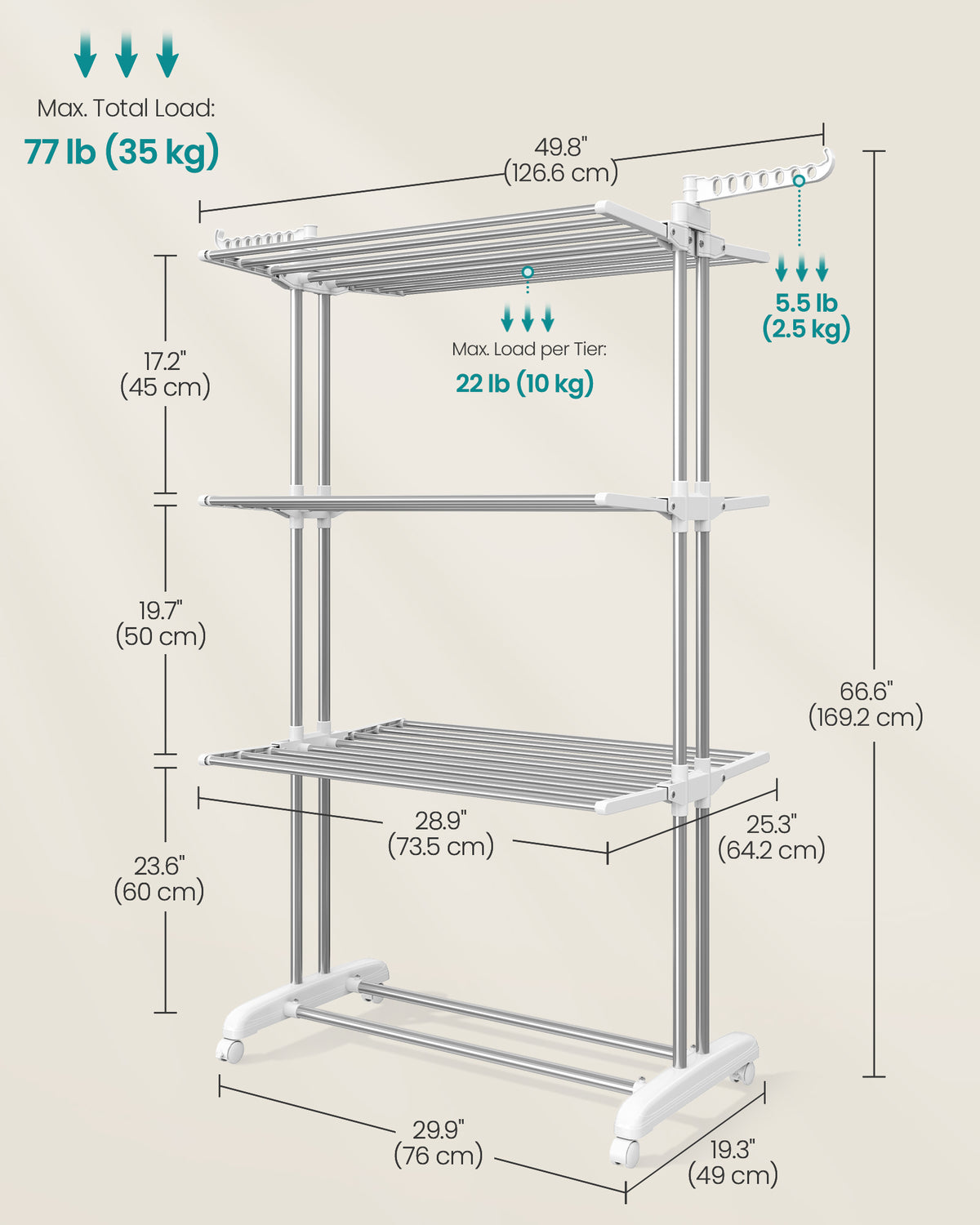 Clothes Airer - Foldable with Wheels - Silver Grey, Cloud White - 126.6 x 64.2 x 169.2 cm