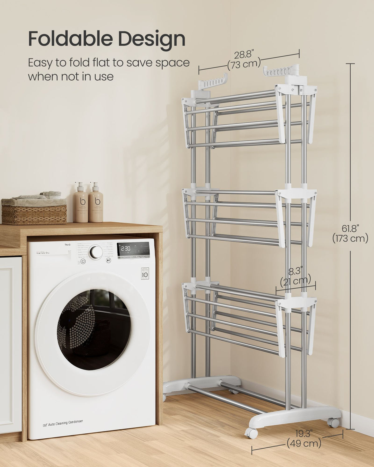 Clothes Airer - Foldable with Wheels - Silver Grey, Cloud White - 126.6 x 64.2 x 169.2 cm