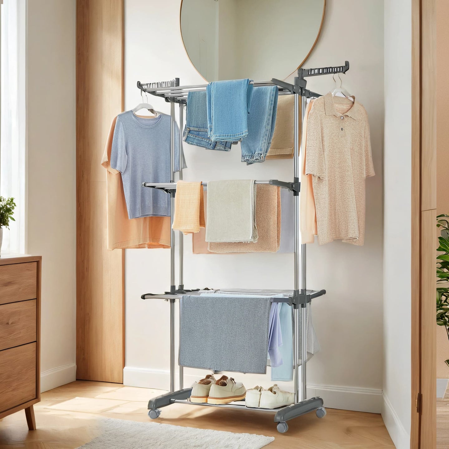 Folding Laundry Drying Rack - Stainless Steel - Grey - 4-Tier with Foldable Wings for Indoor and Outdoor Use