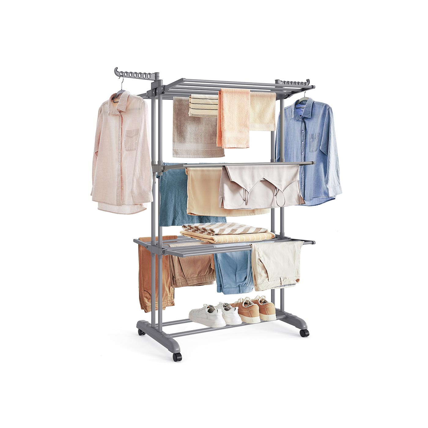 4-Tier Clothes Airer - Stainless Steel - Grey - Foldable and Moveable with Folding Wings
