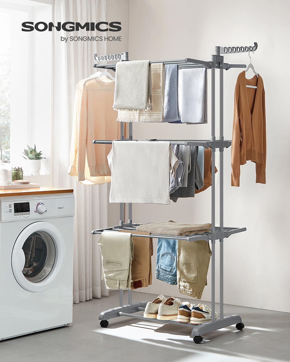 4-Tier Clothes Airer - Stainless Steel - Grey - Foldable and Moveable with Folding Wings