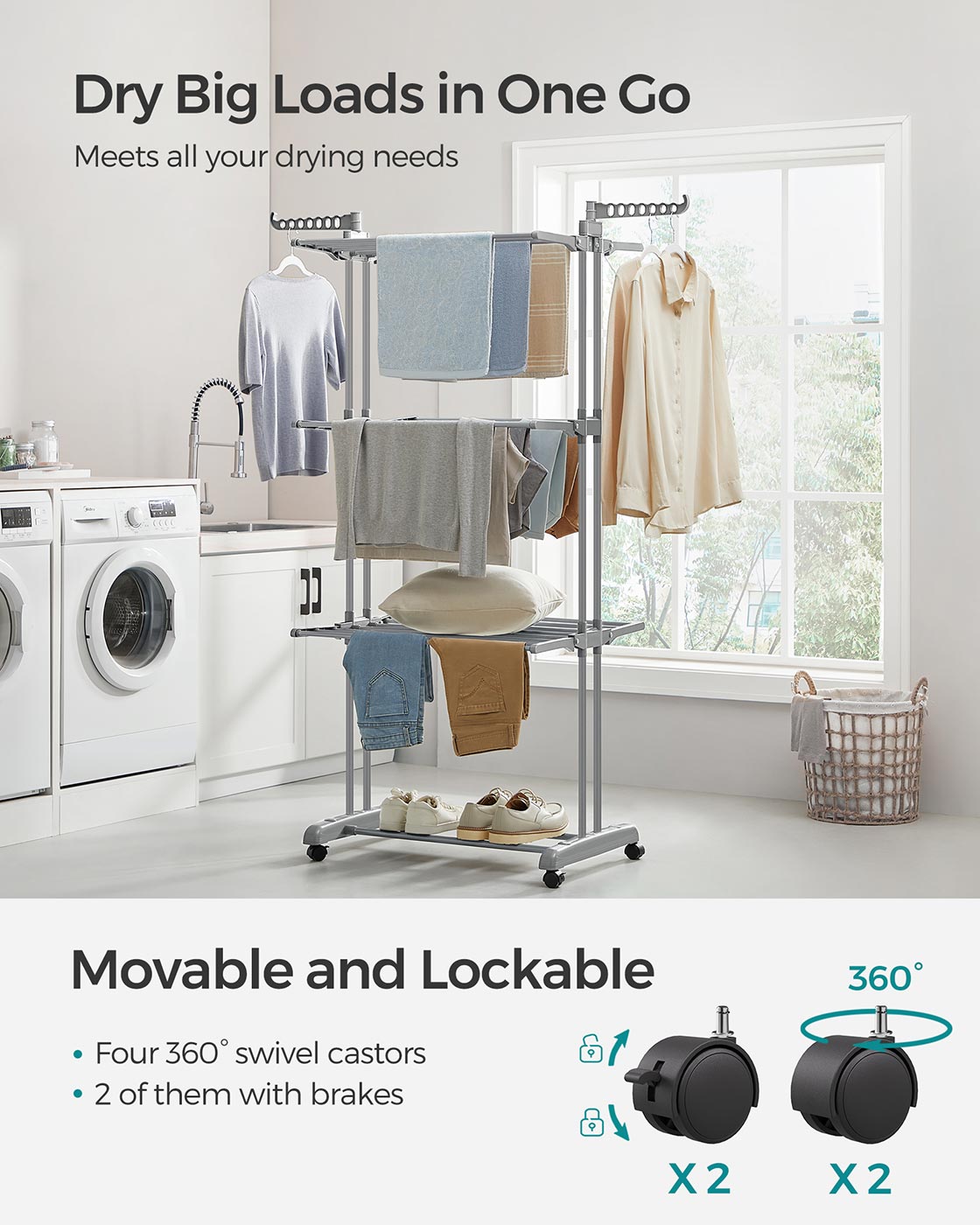 4-Tier Clothes Airer - Stainless Steel - Grey - Foldable and Moveable with Folding Wings