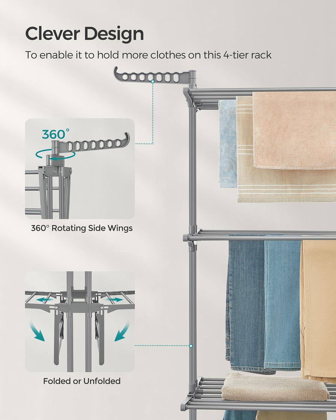 4-Tier Clothes Airer - Stainless Steel - Grey - Foldable and Moveable with Folding Wings