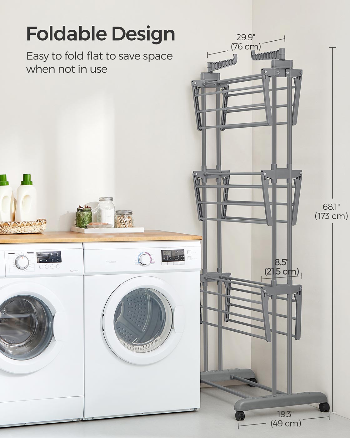 4-Tier Clothes Airer - Stainless Steel - Grey - Foldable and Moveable with Folding Wings