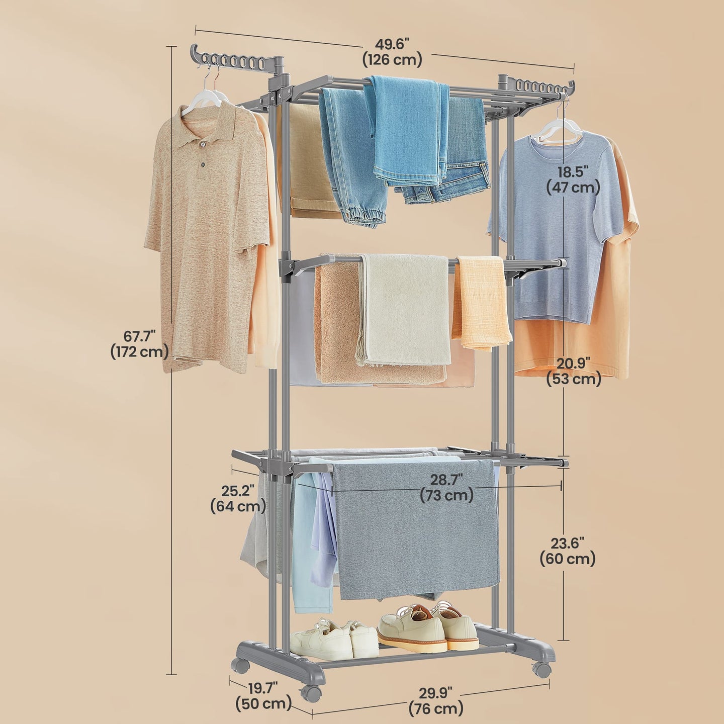 Folding Laundry Drying Rack - Stainless Steel - Grey - 4-Tier with Foldable Wings for Indoor and Outdoor Use