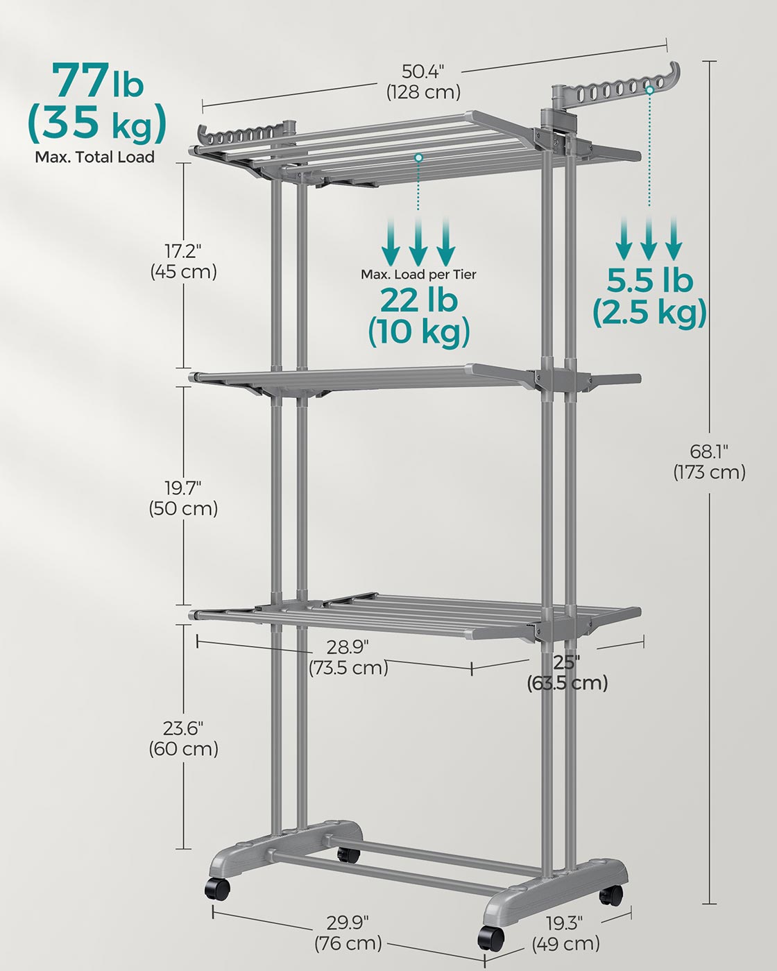 4-Tier Clothes Airer - Stainless Steel - Grey - Foldable and Moveable with Folding Wings