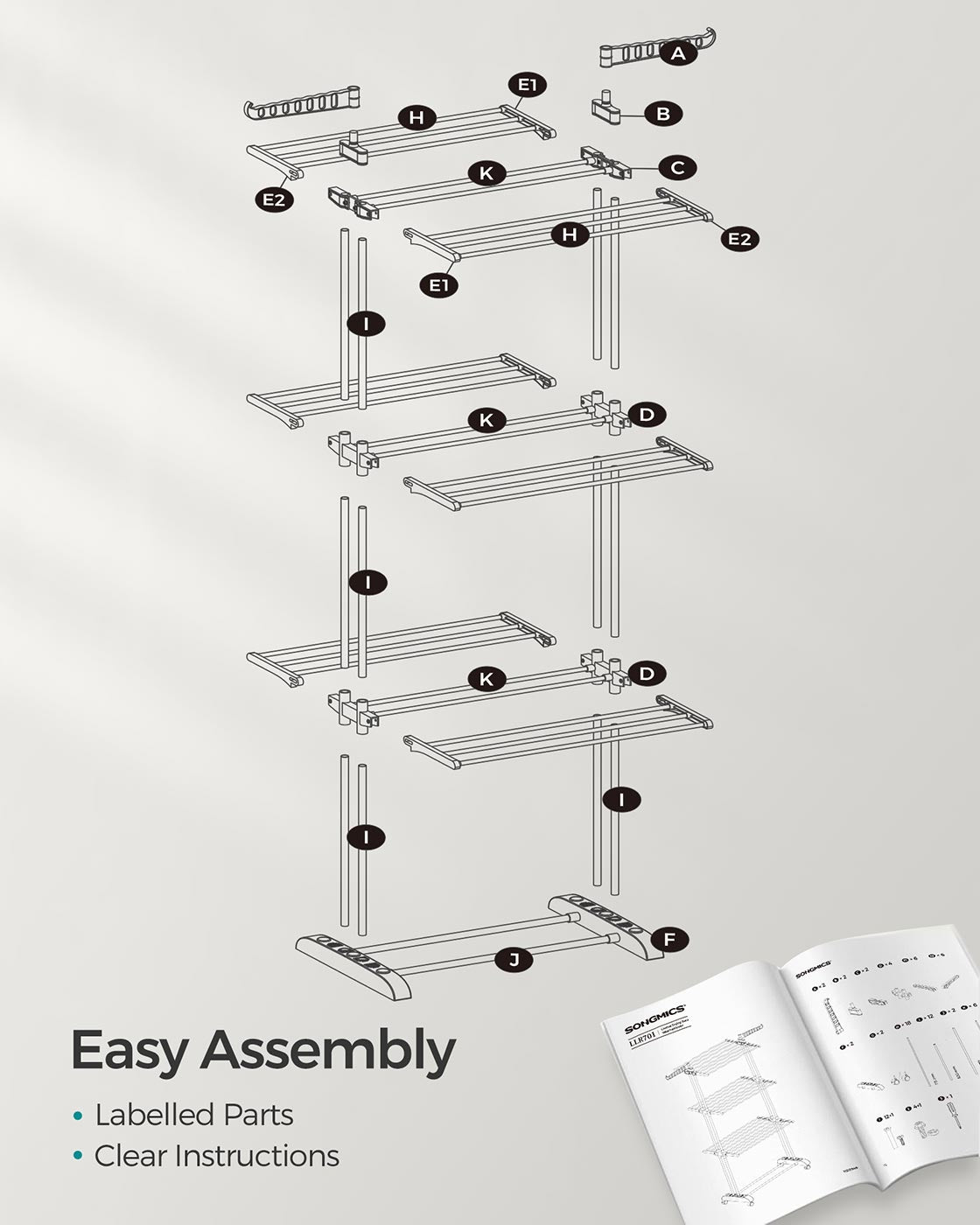 4-Tier Clothes Airer - Stainless Steel - Grey - Foldable and Moveable with Folding Wings