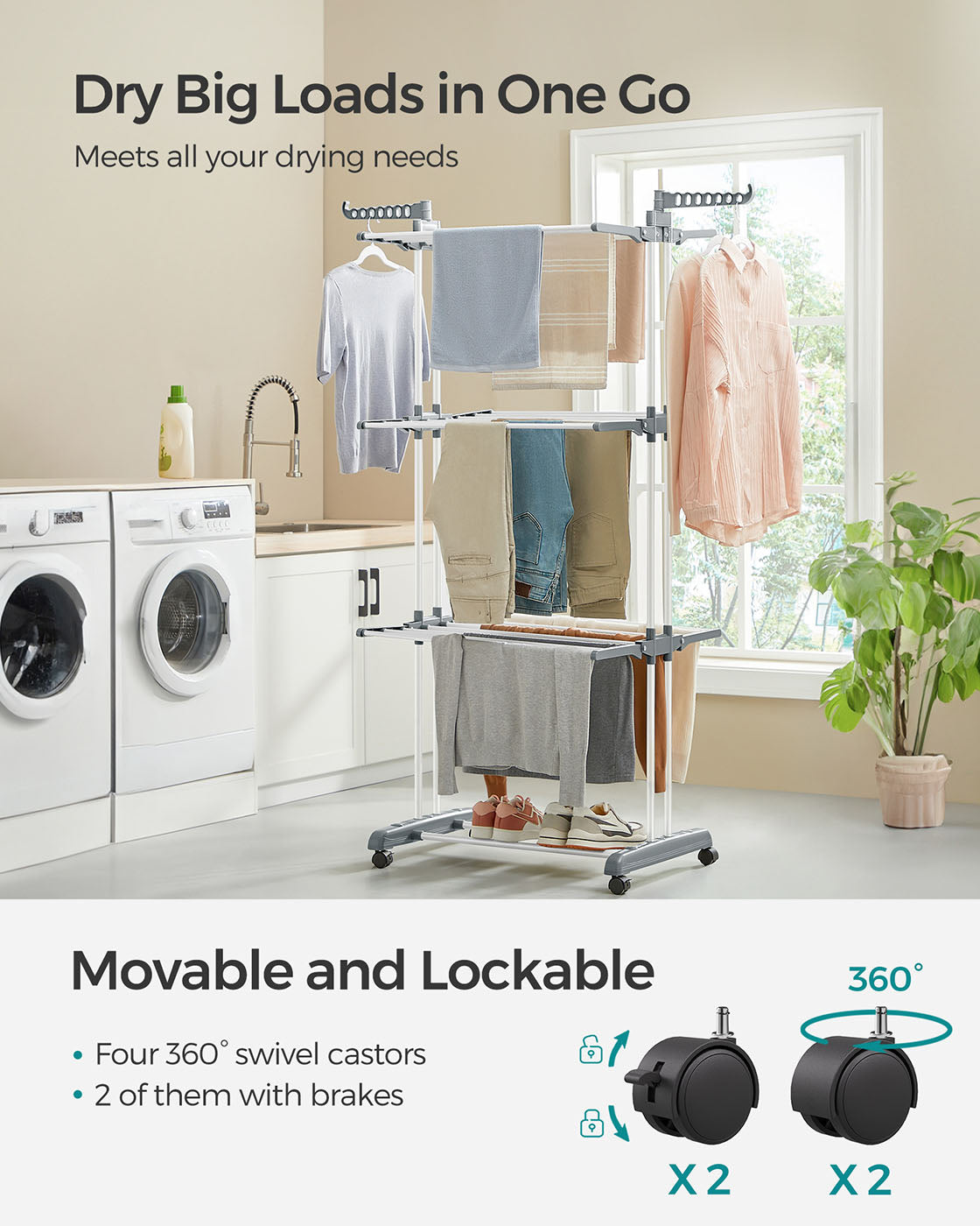 4-Tier Clothes Drying Rack - Stainless Steel - Grey - Foldable and Moveable Design