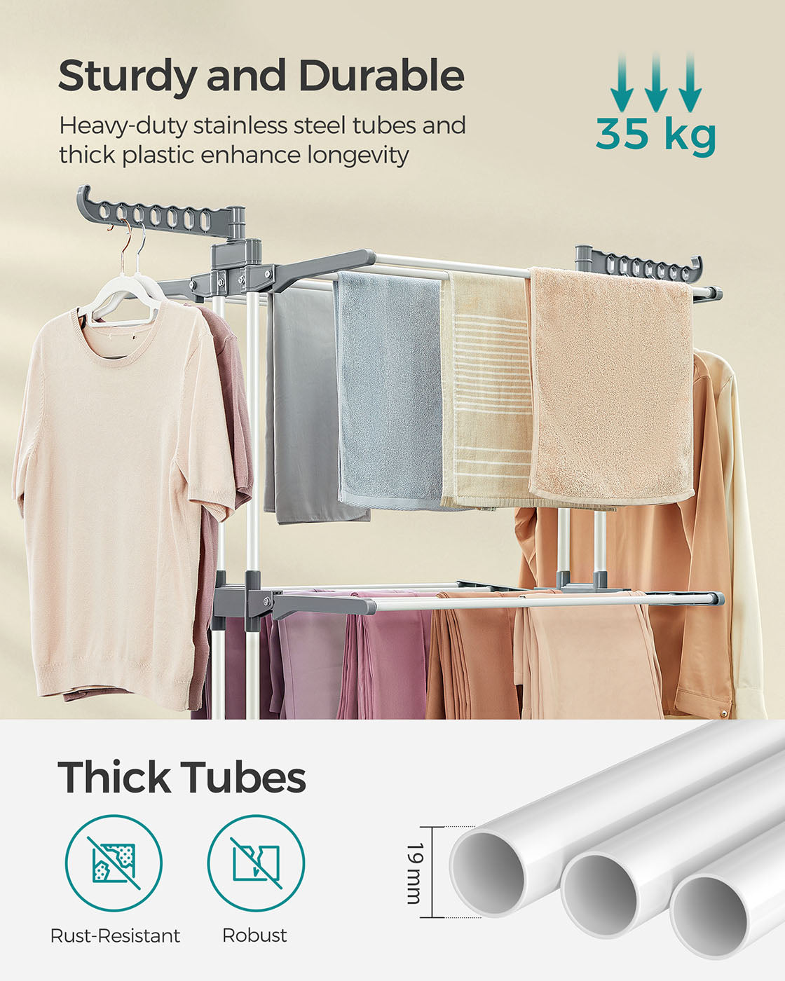 4-Tier Clothes Drying Rack - Stainless Steel - Grey - Foldable and Moveable Design