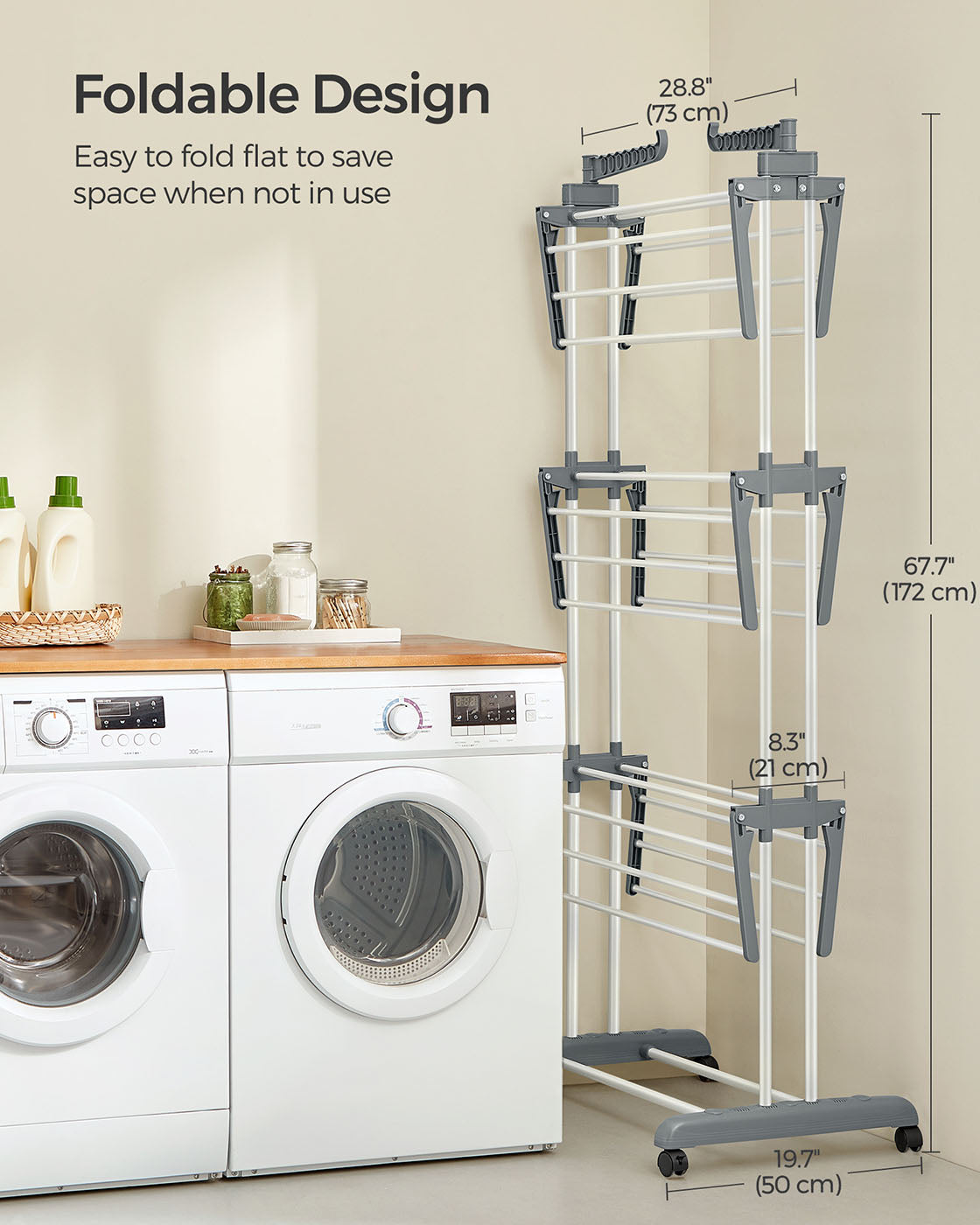 4-Tier Clothes Drying Rack - Stainless Steel - Grey - Foldable and Moveable Design