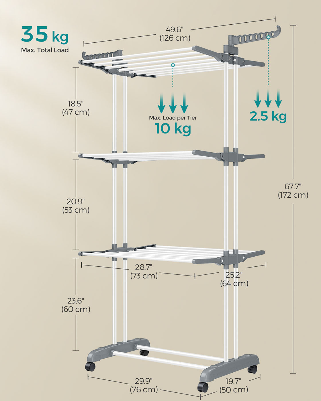 4-Tier Clothes Drying Rack - Stainless Steel - Grey - Foldable and Moveable Design