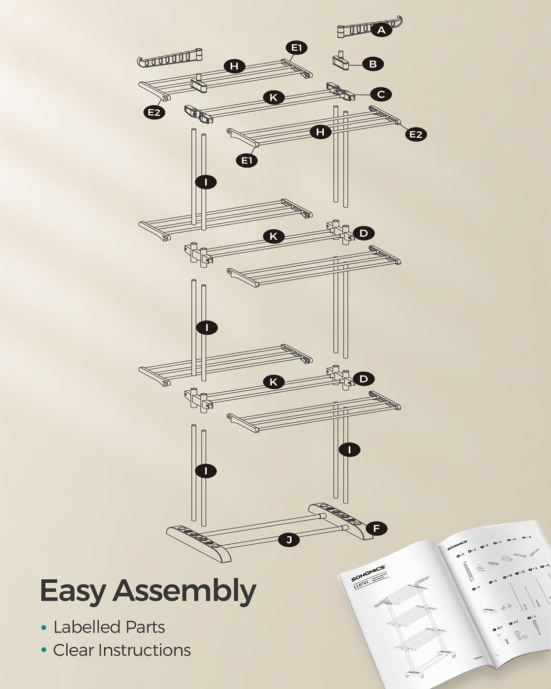 4-Tier Clothes Drying Rack - Stainless Steel - Grey - Foldable and Moveable Design