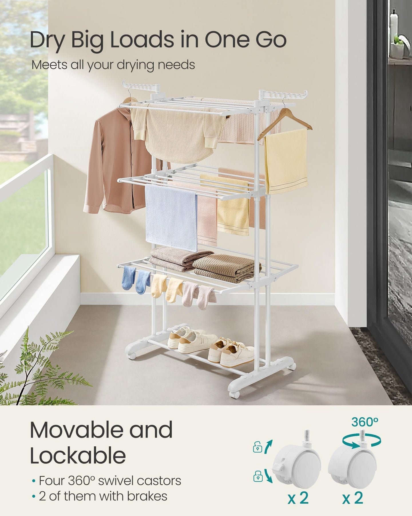 4-Tier Clothes Drying Rack - Stainless Steel - Cloud White - Foldable with Expandable Wings for Indoor/Outdoor Use