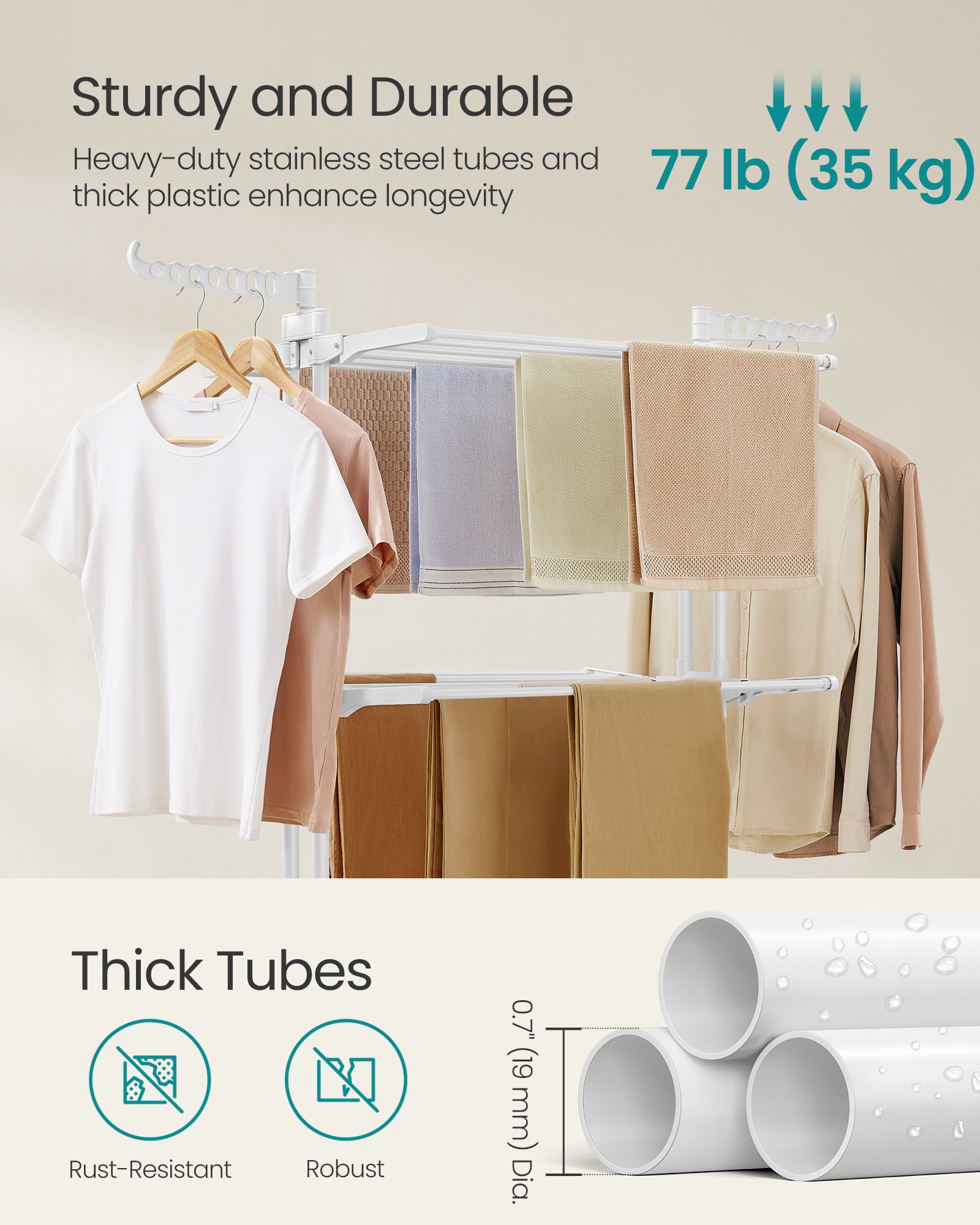 4-Tier Clothes Drying Rack - Stainless Steel - Cloud White - Foldable with Expandable Wings for Indoor/Outdoor Use